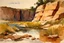 Placeholder: Clludy day, rocks, cliffs, arid land, river, weeds, winslow homer watercolor paintings