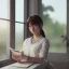 Placeholder: female student studying by the window, anime style,perfect face, cool face, ultra detail, unreal engine 5, cinema4d, sun light, studio lighting --ar 1:1 --v 4