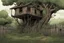 Placeholder: tree house , overgrown apocalyptic background, comic book, garden, fence
