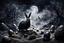 Placeholder: dark fantasy land with mystic, fog, deep cloros, burning landscape with mist, dark fantasy plants, silver and onix crystal eggs lying in sand, pale lights, rocks, weird surreal big dark rabbit-bird mutants, dark fantasy mood, sureal, high quality, high contrast, cinematic, atmospheric, weird mood