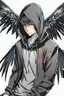 Placeholder: Anime man with black wings, realistic, wearing a hoodie