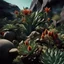 Placeholder: A striking photograh close-up captures a hyperrealistic wasteland with group of plants and glossy material, adorned with rocks. Magnificent. Henri Rousseau. Volumetric light. Shot on Kodak Portra 160 professional, eerie, giant black sun, 8k, deep 3d field, odd flowers, rock formations, strong texture, extreme detail, intricate, colours, rich moody colors, sparkles, bokeh, 33mm photography, details of the flowers and rocks very accentuated