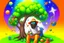 Placeholder: sasquach whit an orange bucket hat with googly eyes sitting under a tree and smoking a joint. in the middle of the sky the is a rainbow. On the right of the rainbow you can see a night sky with a galaxy and planets. on the left side of the rainbow is clear day sky, There is a light coloured guitar near the sasquach. realistic, photograph, full body, landscape