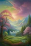 Placeholder: "Sometimes we need fantasy to escape reality ": --- The artwork depicts a serene landscape, where a vast, lush forest stretches out beneath a sky painted in hues of soft pastels. Towering trees with branches adorned with delicate blossoms extend towards the heavens, creating a canopy that filters the sunlight, casting dappled shadows on the ground below. In the distance, majestic mountains rise, their peaks disapp