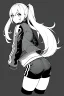 Placeholder: blonde girl with ponytails dressed in a jacket and shorts walks briskly, greyscale