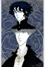 Placeholder: young black haired blue eyed wizard in the style of aubrey beardsley