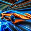 Placeholder: award winning car and driver photograph of a futuristic station wagon designed by only one vehicle per image painted metallic orange traveling at a high rate of speed, jet intake off of front center of vehicle and jet exhaust out the rear with bright blue flame, bilaterally symetrical, more a high speed road vehicle