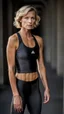 Placeholder: photography of a beautiful anorexic woman, anthracite satin triathlon top, sports illustrated, blond short wavy bob haircut, pronounced sternum, flat chest, anthracite short leggins