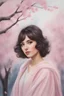 Placeholder: Young woman angel with large soft pink wings, lovely face, Dark brown eyes, elegant coat, dark medium hair, photorealistic, triadic colors, soft water colours painting, cherry tree background