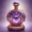 Placeholder: Golden round perfume bottle with purple crystal cap and small purple decorations. Illustrative art, art interpretation, concept art, cgsociety contest winner, seasonal art, seasonal art HD, 4k, 8k, intricate, detailed, intricately detailed, luminous, translucent fantasy crystal, holographic data, soft body, shadow play, light, fog, atmospheric, cinematic, light film, hyper-detailed, hyper-realistic, masterpiece, atmospheric, high resolution, 8k, HDR, 500px, mysterious and artistic digital art, p