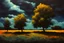 Placeholder: Trees, night, clouds, 2000's scifi movies influence, rodolphe wytsman impressionism painting