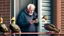 Placeholder: confused older man using cellphone on his porch trying to get the ducks to leave