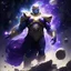 Placeholder: A god-like thanos with infinite power who owns the galaxies,A powerful commander in a dress made of galaxies and stars with a huge army