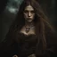 Placeholder: Witch with long brown hair and eyes, heart shaped lips, wearing dress and robesintricate details, HDR, beautifully shot, hyperrealistic, sharp focus, 64 megapixels, perfect composition, high contrast, cinematic, atmospheric, moody