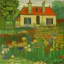 Placeholder: A green flower garden near a house painted by Piet Mondrian