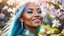 Placeholder: Close-up portrait of a gorgeous smiling skinny polynesian goddess with a golden dark skin, long smooth clear turquoise blue white hair, blue eyes, in a sci-fi outfit with luminous strikes blowing a kiss in a hill of flowers with sakura trees, a small torrent, loads of mini flowers, moss, sun rays through the branches, particles in the air at spring