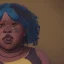 Placeholder: Portrait of a fat 9 year old African witch with bushy hair by Nick Harris