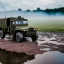 Placeholder: hyperrealistic shot, muddy military toy truck, monotone color palette, sharp focus, puddle reflection, tire mud splash, refraction, mist on the horizon, lightning, shadowcast, detailed and intricate, cinematic composition, micro, tilt shift photography