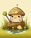 Placeholder: magical kawaii mushroom with a big, frowning mouth and droopy eyes, sitting on a mossy log in a quiet and peaceful forest, lost in its own thoughts, high details, forest background, cute, kawaii, style