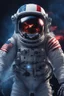 Placeholder: A close up of a skeleton face in an astronaut helmet and suit floating in space. inside the hollow eyes are red shining lights, scary. On his suit is an American flag and in his one hand is a small wavering American hand flag. From the back of his suit is blowing out blue, white and red smoke. Realistic, 8k, highly detailed, funny