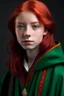 Placeholder: A girl with red hair and green eyes and she is wearing a Hogwarts robe