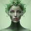 Placeholder:  fantasy art: a beautiful tree-human hybrids facial image. lush green tree branches flow through her. Modify with a beautiful luminescent flower & tendrils dangling from her head AND modify facial expression so she is smiling with mouth closed, beautiful woman with aesthetically gorgeous facial structure & features: Modify image by adding two super detailed butterflies looking at her