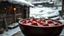 Placeholder: close up an old bowl is full red blood on snowy poor villager courtyard, dramatic atmosphere, in background blur , low light, high detailed, sharp focus, high realistic, perfect photo