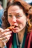 Placeholder: a woman eating corned beef with a straw