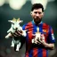 Placeholder: messi as king with wearing crown and king stuffs and clothes and holding a little white goat on his hand ,hyperrealistic,8k,detailed,rendered