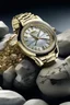 Placeholder: Generate an image featuring a solid gold watch placed on a bed of rocks or crystals, symbolizing the watch's durability and resilience while adding a touch of natural elegance.