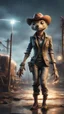 Placeholder: book cover illustration, fallout 4 docks setting, horror weird cowboy beaver alien walking on stilts in female garments, getting hit by lightening electric arc, with big disturbed eyes,bokeh like f/0.8, tilt-shift lens 8k, high detail, smooth render, down-light, unreal engine, prize winning