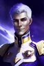 Placeholder: galactic man white grey short haired deep purple eyes smile emperor of sky command of vessel blue gold uniform