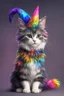 Placeholder: a cute character rainbow cat, has black fluffy hair with a rainbow pattern, the cat is a sorceress, has a magical witch hat on head, which looks photorealistic, celebrating new year , happy
