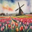 Placeholder: Dutch windmill in a field of blooming tulips, impressionism, watercolor and ink painting, color divisionism of rows of flowers, dramatic and colorful, expansive, depiction of light in in its changing qualities, complex contrast, dynamic composition, repoussoir