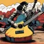Placeholder: (in the style of grindhouse comic illustration) the guitare rebounds
