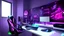 Placeholder: Dark purple and black gaming room with neon lights, gaming chair and PC with RGBs, realistic