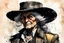 Placeholder: create an ink wash and watercolor, close up, full body portrait of an aged female, late 19th century Louisiana bounty hunter in a battered bowler hat, Hunt: Showdown, La Luz Mala, in the comic book style of Warren Ellis ,Bill Sienkiewicz, and Jean-Giraud Moebius highly detailed hair and coarse, lined, rugged, weather worn feminine facial features, ragged, worn clothing, grainy, gritty textures, foreboding, dramatic volumetric lighting , vivid natural colors