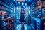 Placeholder: full-height shot of a young witch in a tight black short skirt, inside a large magic shop, shelving, bottles, windows