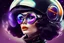 Placeholder: 60s era fashion model with stars and planets in her hair, floating in black ink, vibrant colors, googles, helmet, spacesuit, full body fashion, big hair, hyperrealistic, 4k, light gray eyes, four eyes –v4