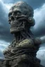 Placeholder: sculpture of god above the clouds on a top of a mountain , decayed and rotting with grotesque proportions and imagery. abstract grotesqueries, detailed texture, surreal horror, biomechanical design, by hr giger and beksinski
