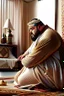 Placeholder: close up photography of a Burly arab 26 year old stocky short chubby man on his knees, short beard, dressed in an brown economic traditional caftan with pants and sandals, photorealistic, ambient occlusion, in a simple living room, ambient occlusion, side view from the bottom