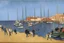 Placeholder: 12 men in a group eating tapas at the ocean marina with boats innthe background,van Gogh style, alicante, Oil painting,