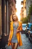 Placeholder: full body shot Young woman, 20 years old, wearing nice fashion dress walk in an urban setting, soft sunlight accentuating the vibrant hues of her attire, high contrast, shallow depth of field, candid photo, natural light, ultra realistic