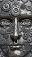 Placeholder: Bosch style painting , A balled face in details . The texture of the face is a collage of many 3D gray metallic clock gears and screws covering the whole face and the eyes are covered by caves figures
