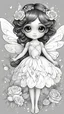 Placeholder: black and white, coloring drawing, for kids, line art, ((white background,)) beautiful cute fairy with cute hair and eyes, wings, rose petals, crystals and diamond dress, sparkles and flowers and butterflies background