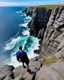 Placeholder: from the point of view of a rock climber, look down at the ocean rocks below as you climb high into the bluffs of ireland. holding on to the cliff face, the ocean below storms and swirls around a giant whirlpool