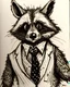 Placeholder: scamp of a raccoon in a suit and tie, pen and ink drawing, emphasize emotion over realism, Walt Disney style, vintage