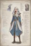 Placeholder: Dnd character sheet, full body. A female Aaismar twilight cleric with white hair and blue eyes, wearing gray robes. Etreal, beautiful