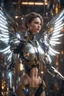 Placeholder: Halfbody Excellence Photography 4k masterpiece, incredible depth, cinematic dynamic lighting, sharp focus, high resolution, high quality, outstanding visual masterpiece, flawless rendering, fine detail, extremely realistic masterpiece a beautiful Angel robot woman straddle wings with exposed machinery and circuitry, hanging out in a cyberpunk workshop, elegant machinery, glowing circuitry on skin, perfect face, proportionate face, beautiful features, unbelievable detail