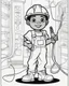 Placeholder: coloring page, depicting a black boy as a Electrician, full body, outline, black and white, highly defined, well defined, white background, empty background, cartoon style, coloring book style